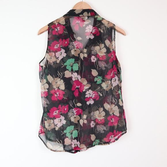 Ralph Lauren Size 10 Ruffled Sleeveless Blouse Sheer Floral Black Pink - Picture 7 of 10